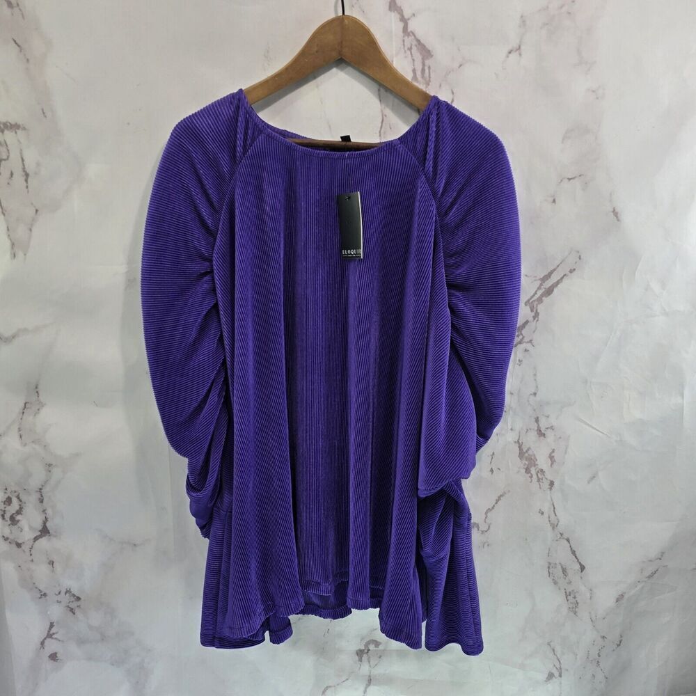 Eloquii Shirt Womens 4X 26 28 Purple Balloon Sleeve Ribbed Blouse Crinkle Puff